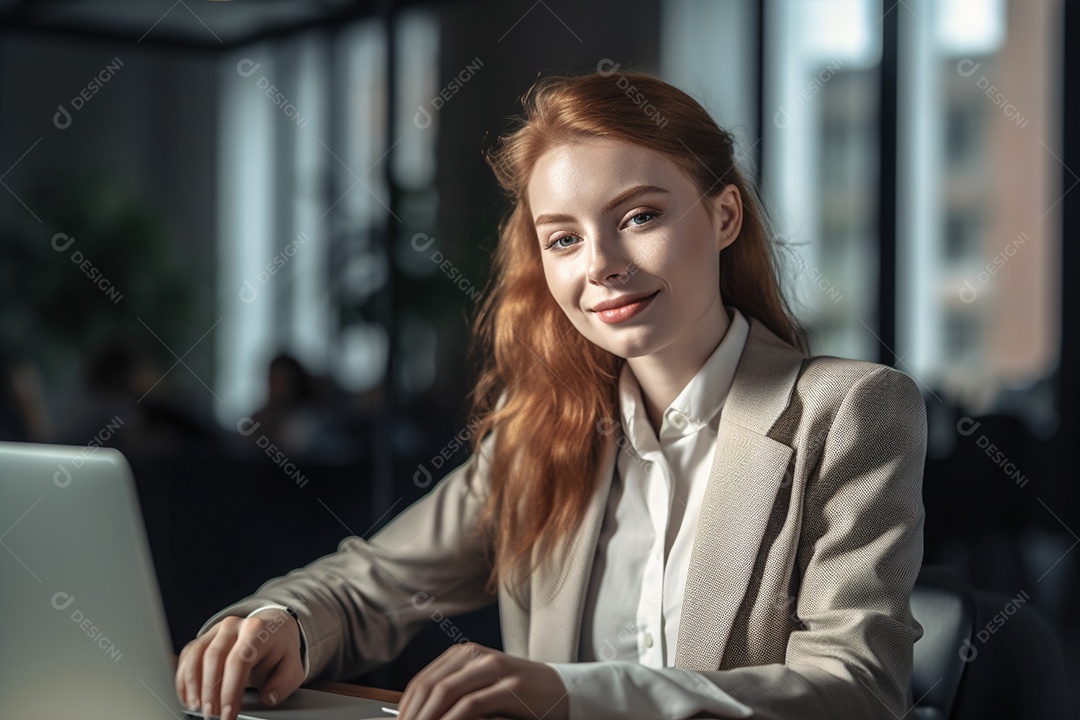 Mulher de negócios ruiva senta-se no computador.