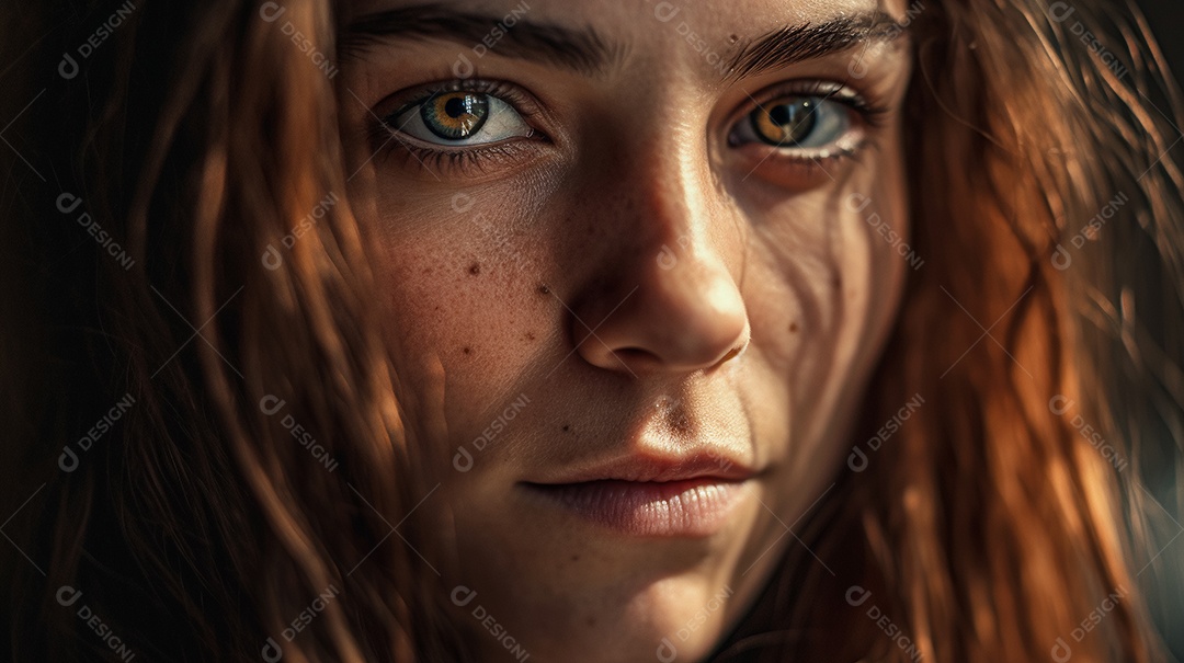 Close no rosto de uma jovem de olhos verdes.