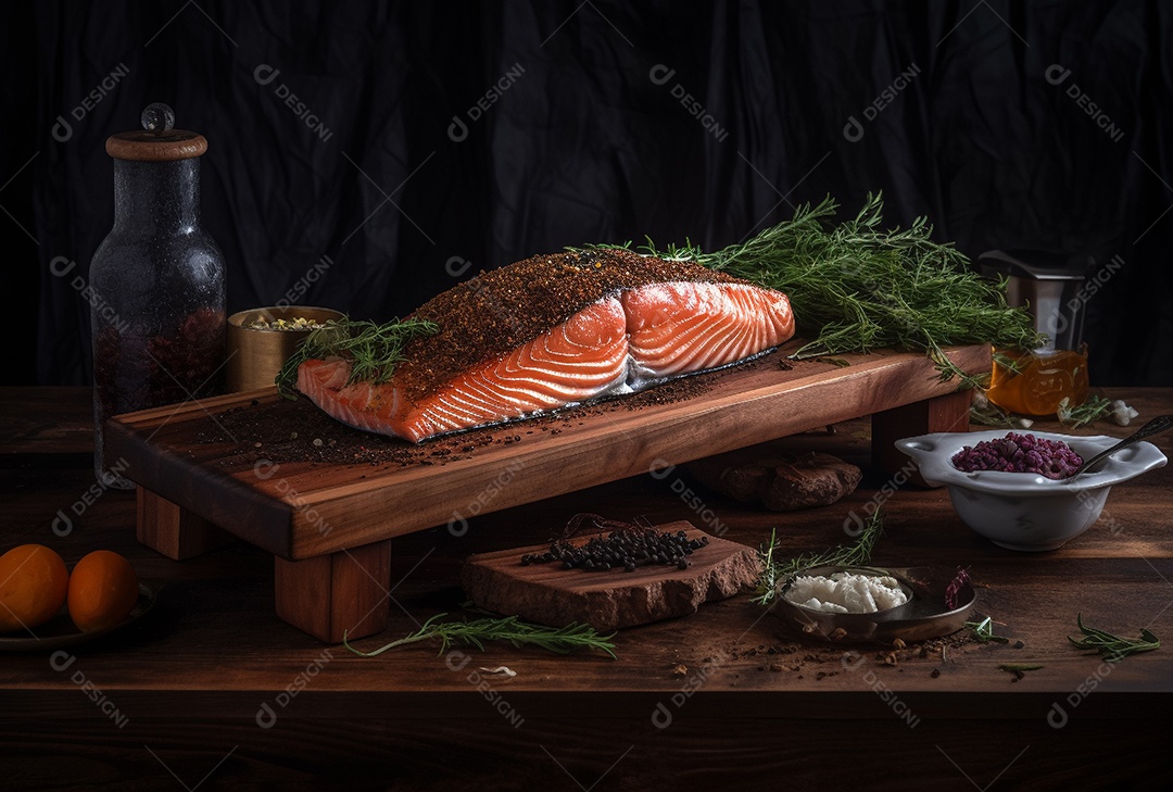 Salmão Defumado com Ervas e Especiarias em Fundo Preto.