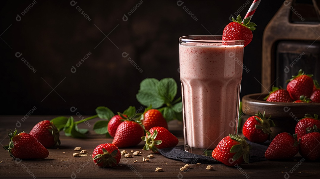 Um copo de bebida deliciosa de morango, foto de estúdio.