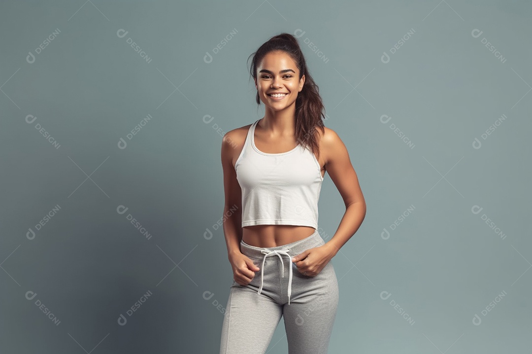 Menina com cabelo amarrado e roupas esportivas posando no estúdio, fundo azul.