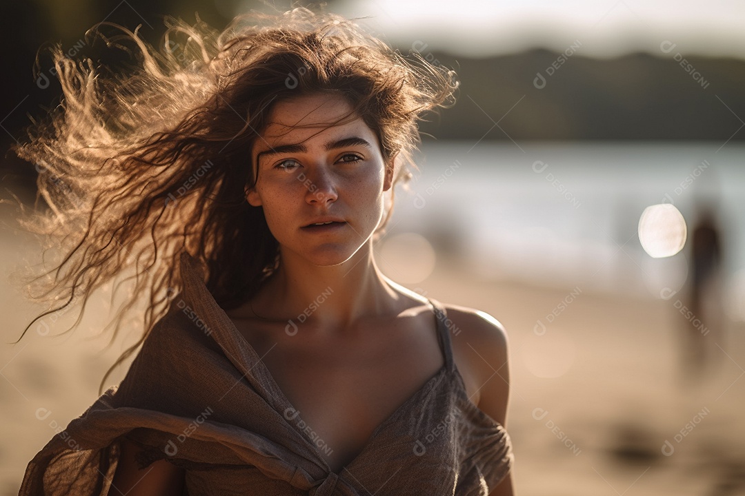 Linda garota andando na praia com o cabelo ao vento.