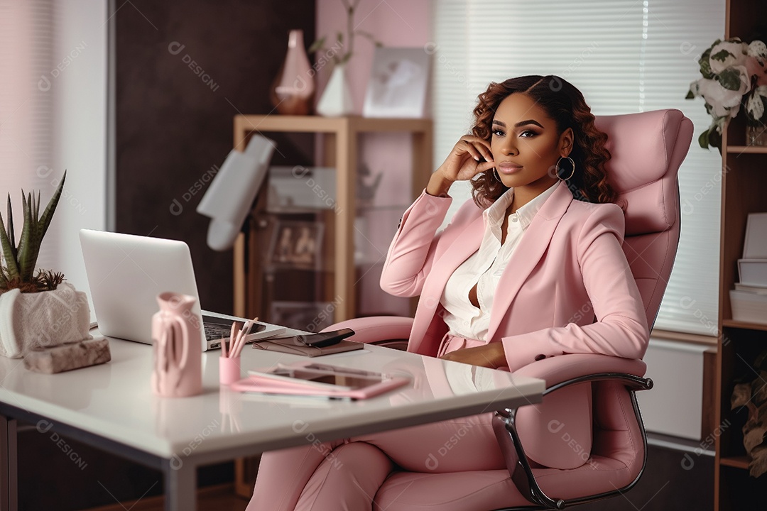 Mulher de negócios em um terno rosa sentado em uma cadeira rosa, escritório com detalhes de decoração rosa.