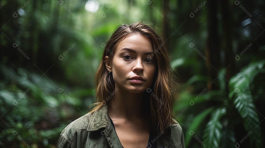 Jovem mulher na floresta chuvosa.