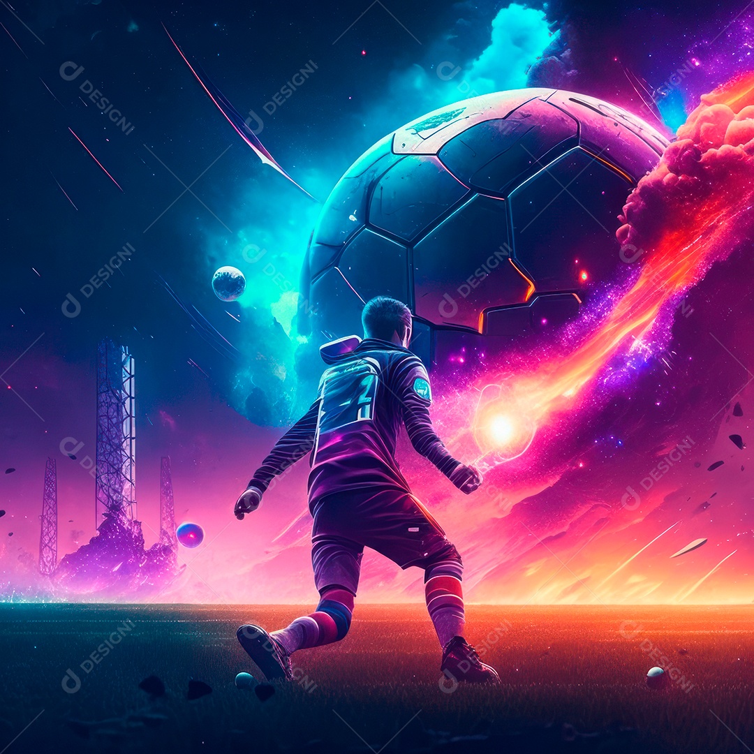 Paisagem cyberpunk de um jogador de futebol atirando.