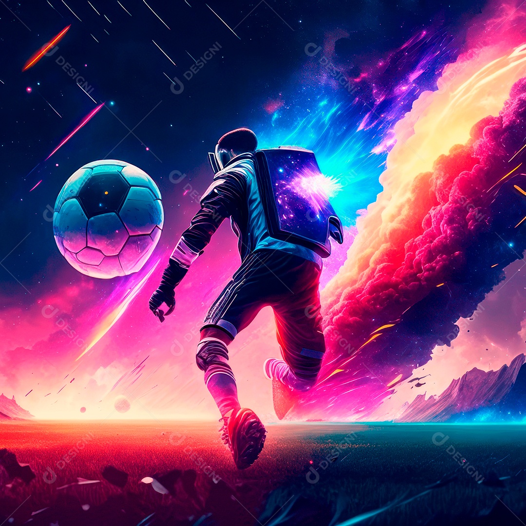 Paisagem cyberpunk de um jogador de futebol atirando.