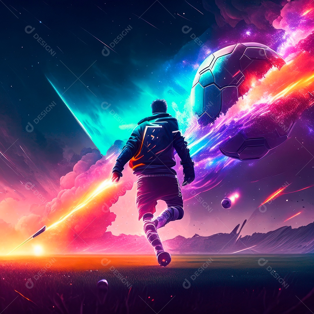 Paisagem cyberpunk de um jogador de futebol atirando.