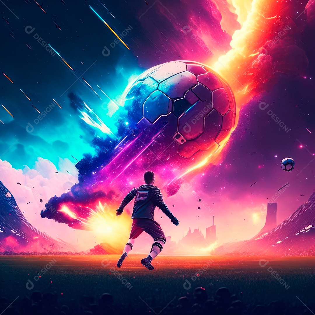 Paisagem cyberpunk de um jogador de futebol atirando.