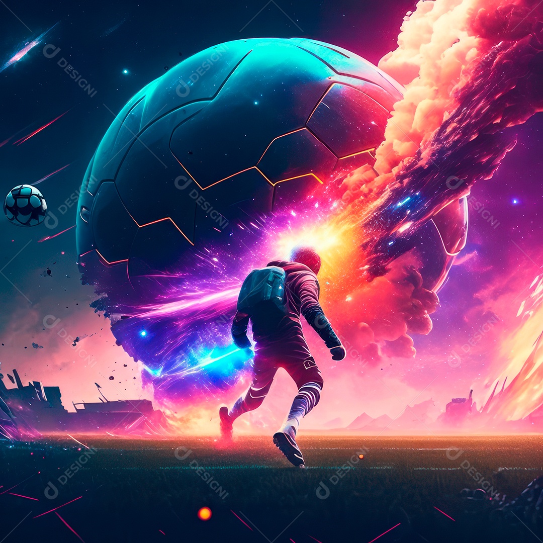 Paisagem cyberpunk de um jogador de futebol atirando.