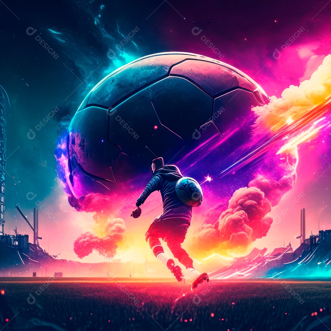 Paisagem cyberpunk de um jogador de futebol atirando.