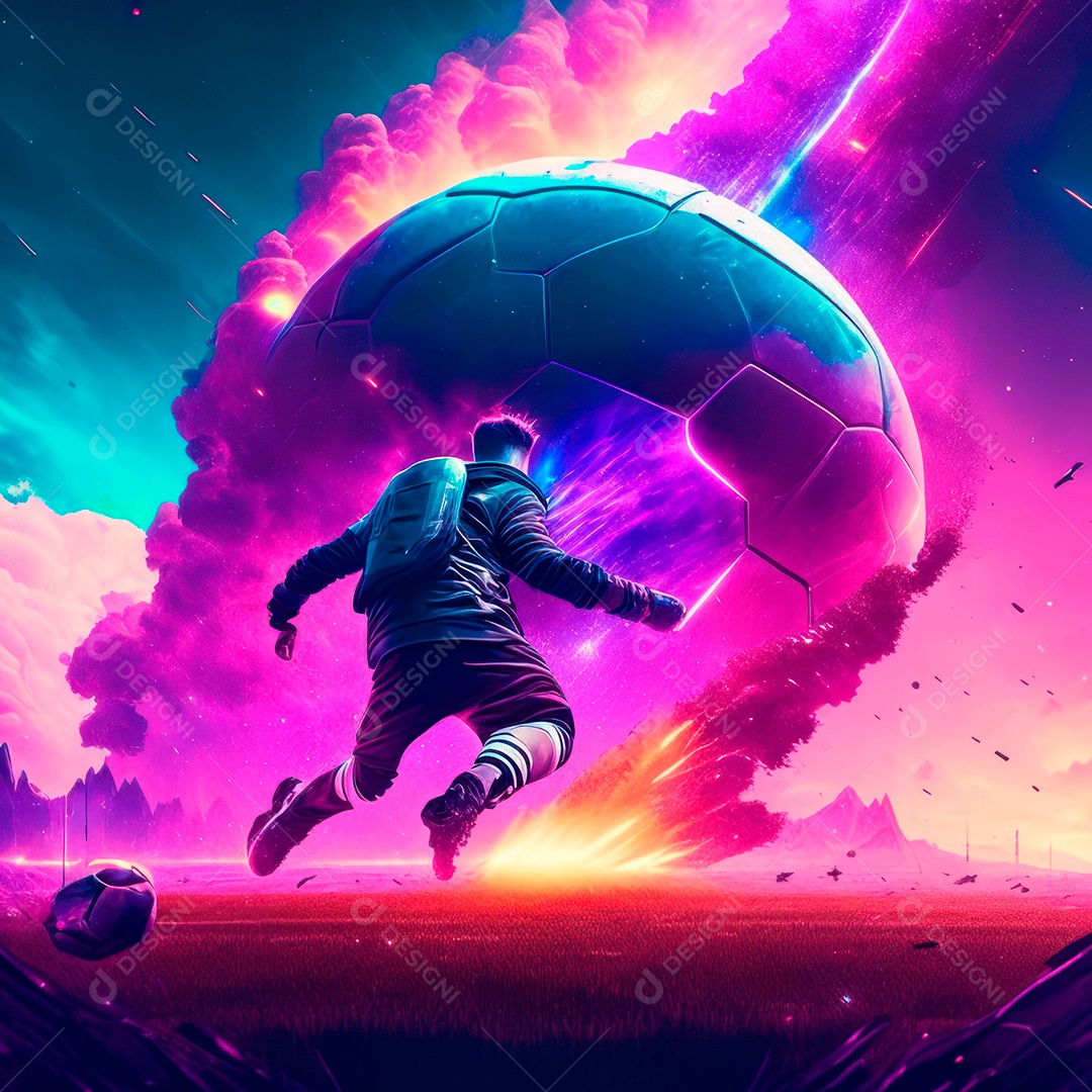 Paisagem cyberpunk de um jogador de futebol atirando.