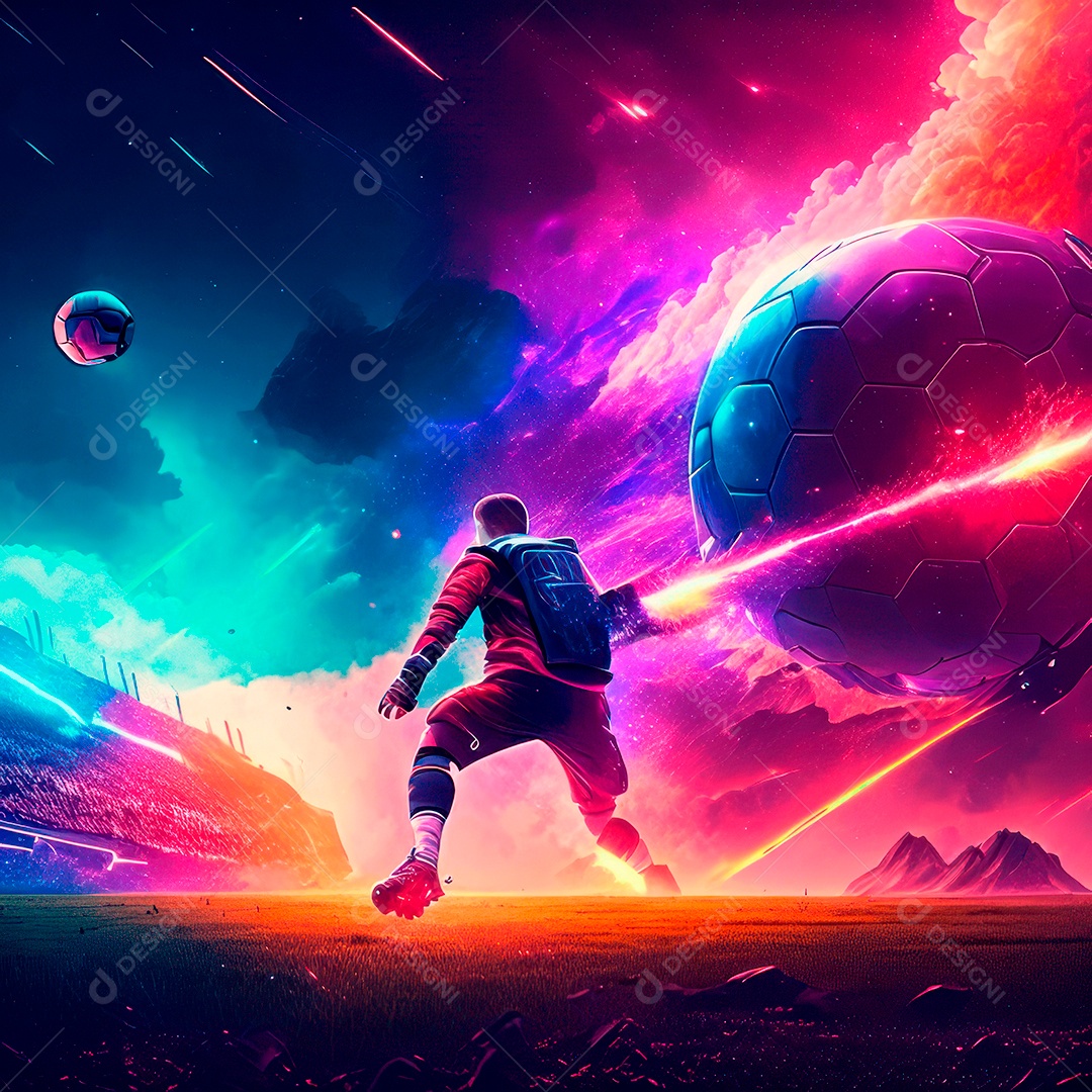 Paisagem cyberpunk de um jogador de futebol atirando.