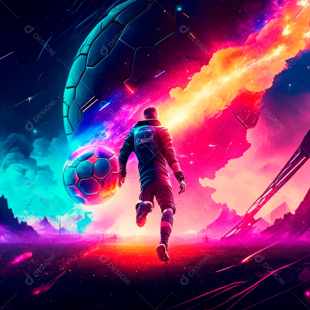 Paisagem cyberpunk de um jogador de futebol atirando.