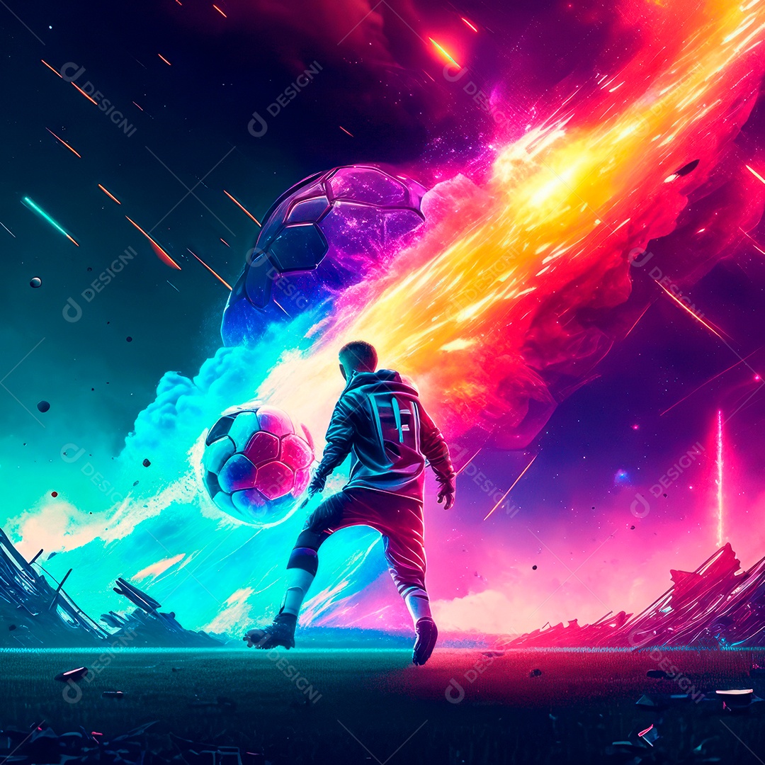 Paisagem cyberpunk de um jogador de futebol atirando.