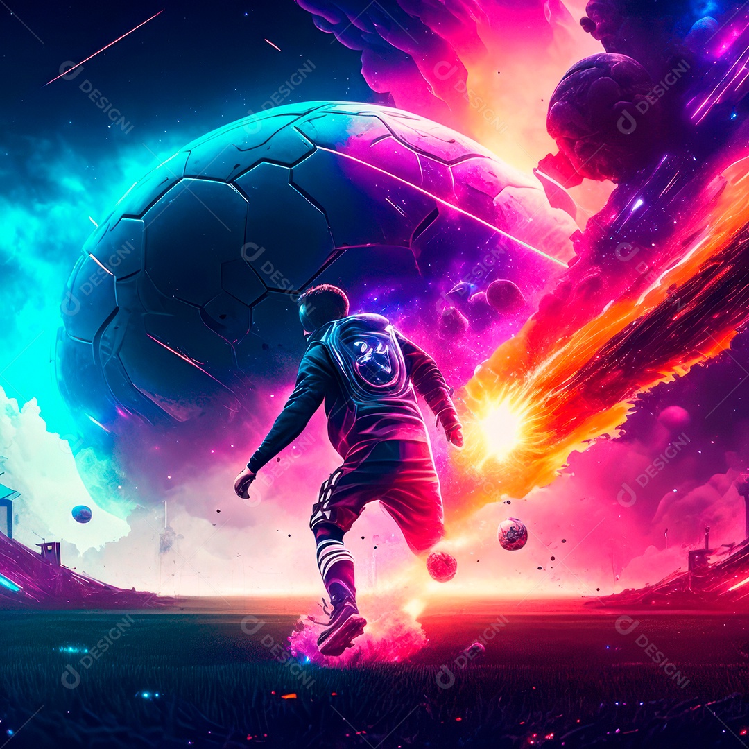 Paisagem cyberpunk de um jogador de futebol atirando.