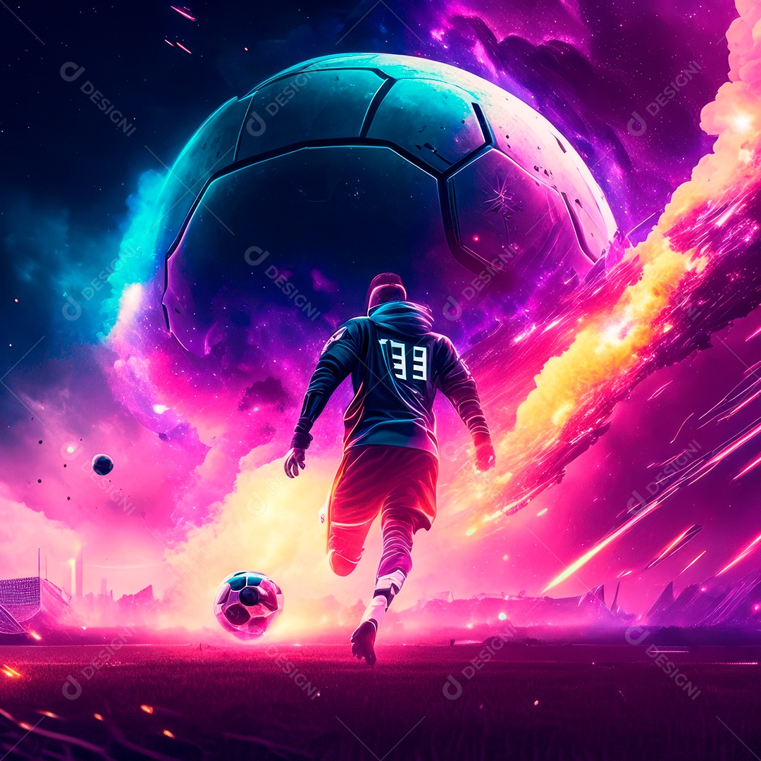 Paisagem cyberpunk de um jogador de futebol atirando.