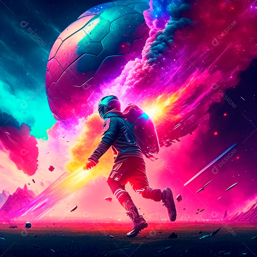 Paisagem cyberpunk de um jogador de futebol atirando.
