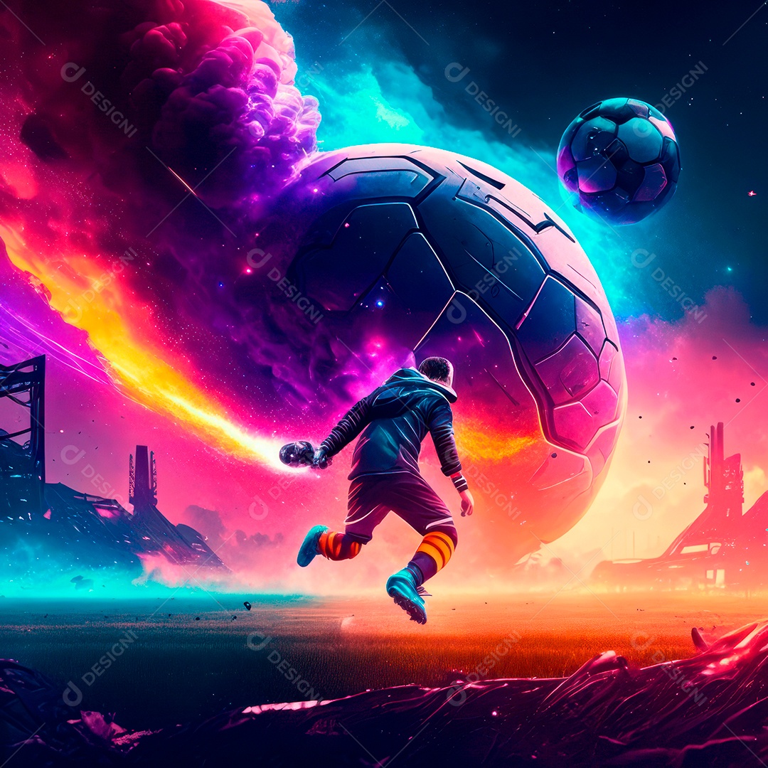 Paisagem cyberpunk de um jogador de futebol atirando.