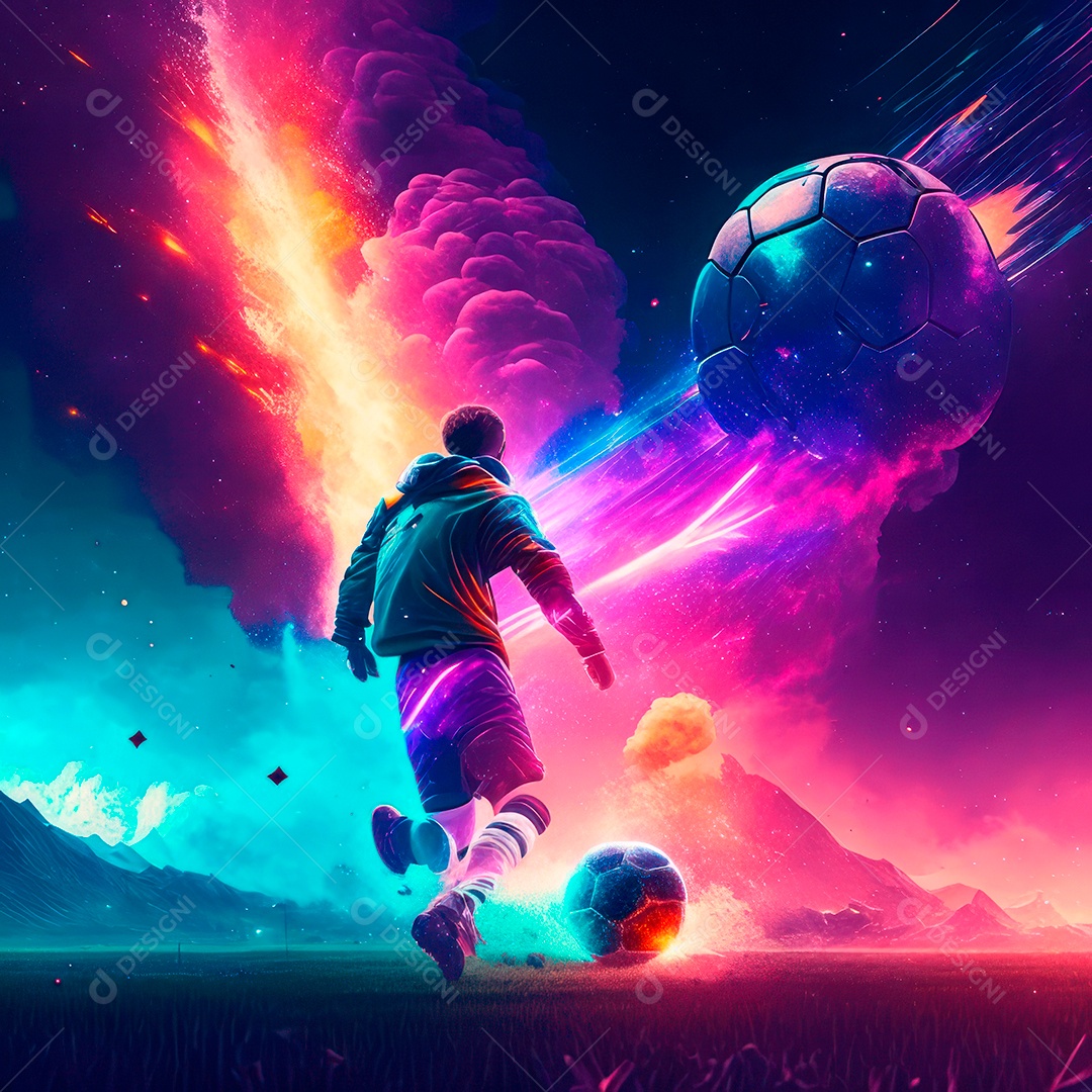 Paisagem cyberpunk de um jogador de futebol atirando.