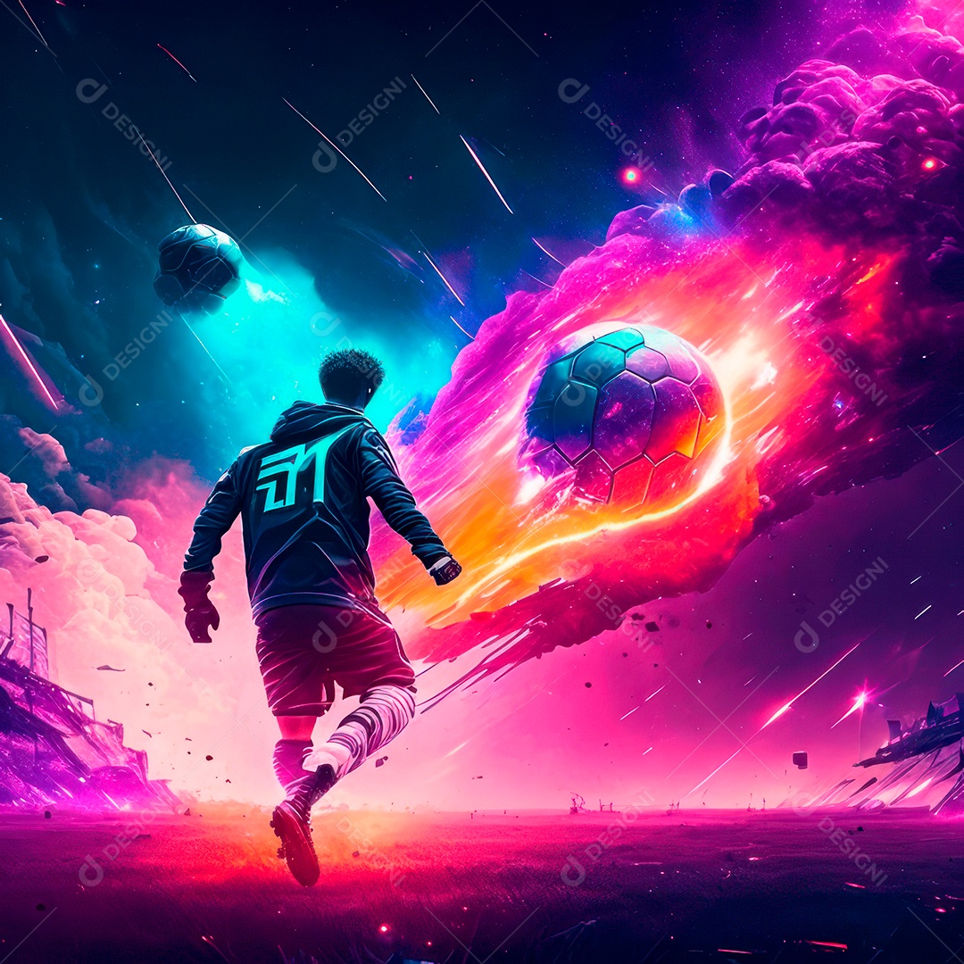 Paisagem cyberpunk de um jogador de futebol atirando.