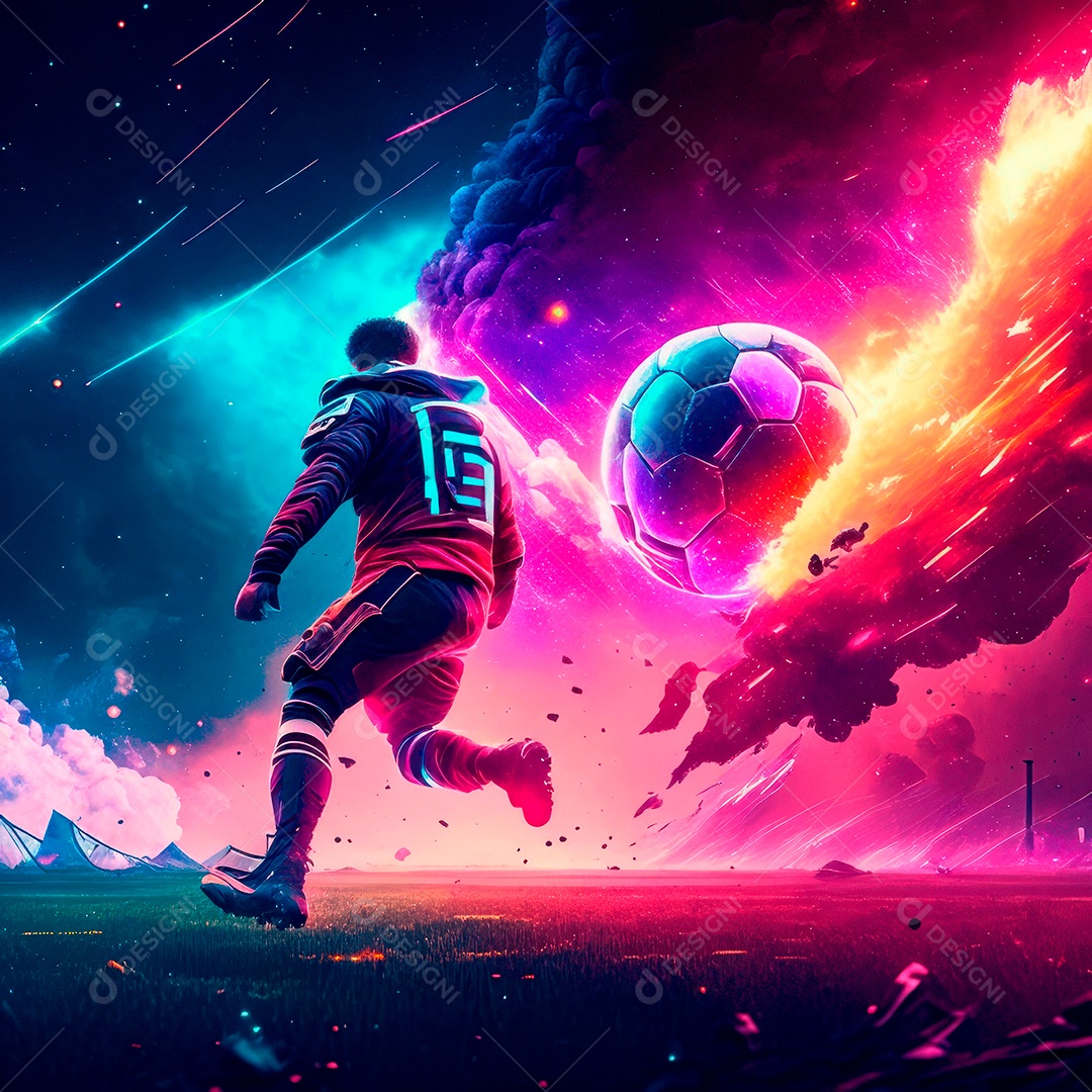 Paisagem cyberpunk de um jogador de futebol atirando.