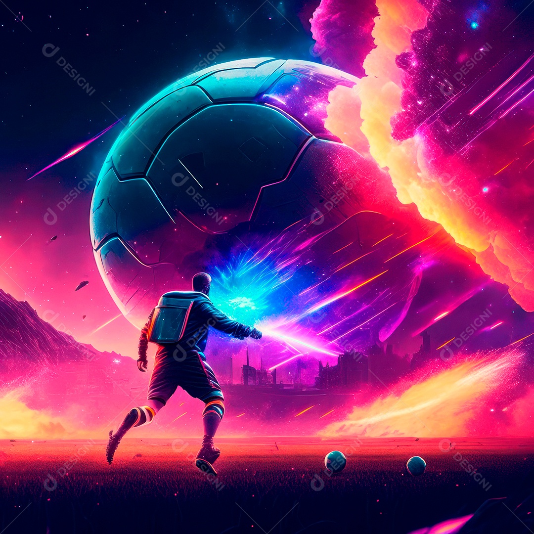Paisagem cyberpunk de um jogador de futebol atirando.