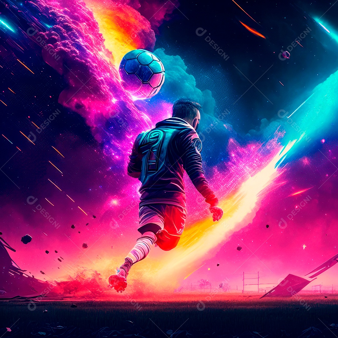 Paisagem cyberpunk de um jogador de futebol atirando.