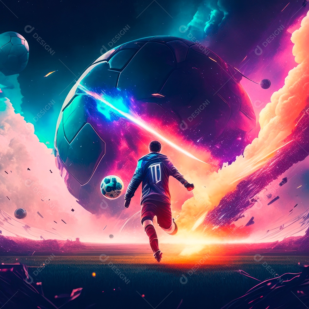 Paisagem cyberpunk de um jogador de futebol atirando.