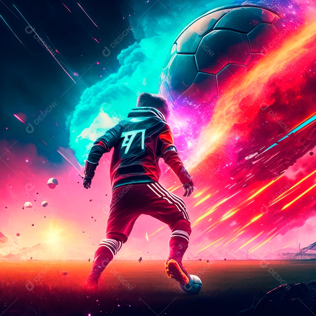 Paisagem cyberpunk de um jogador de futebol atirando.