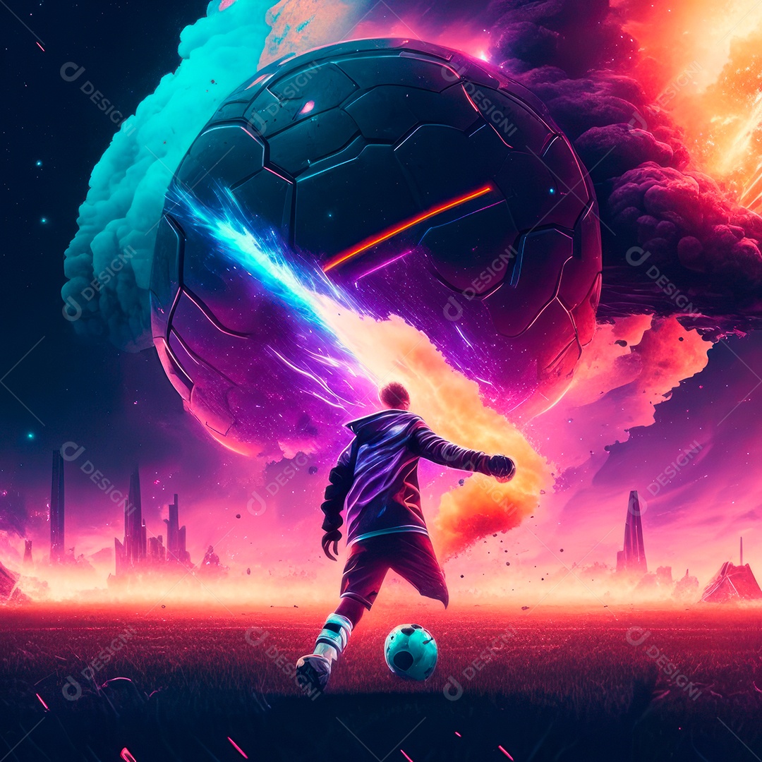 Paisagem cyberpunk de um jogador de futebol atirando.