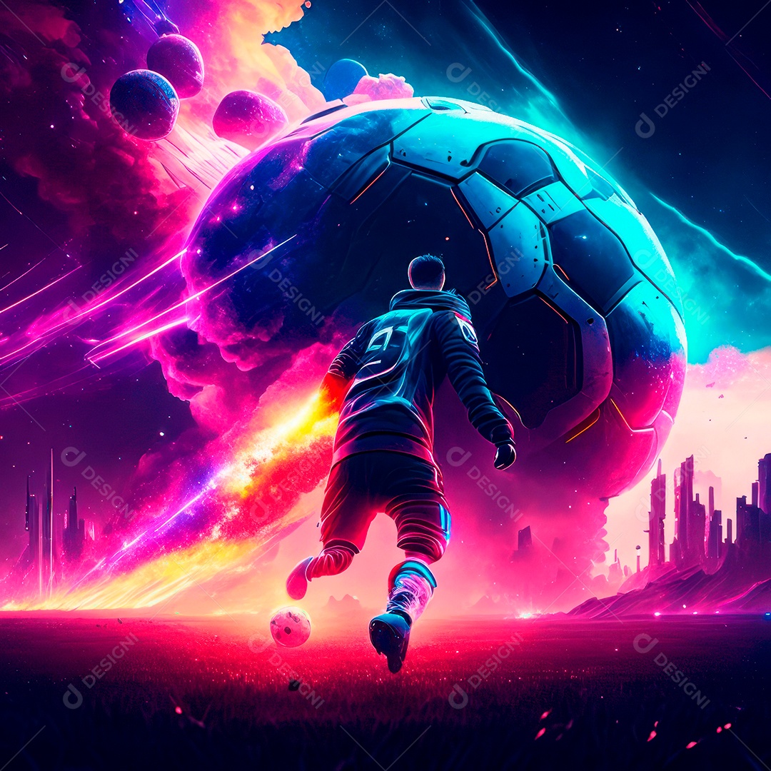 Paisagem cyberpunk de um jogador de futebol atirando.
