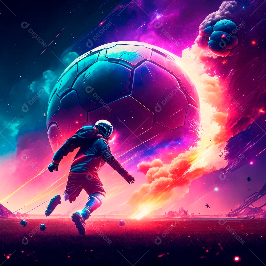 Paisagem cyberpunk de um jogador de futebol atirando.