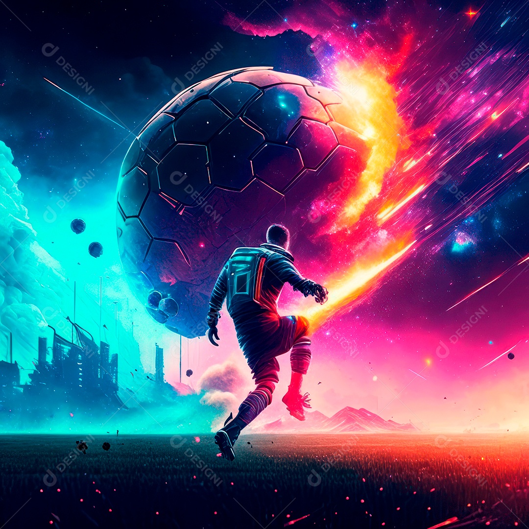 Paisagem cyberpunk de um jogador de futebol atirando.