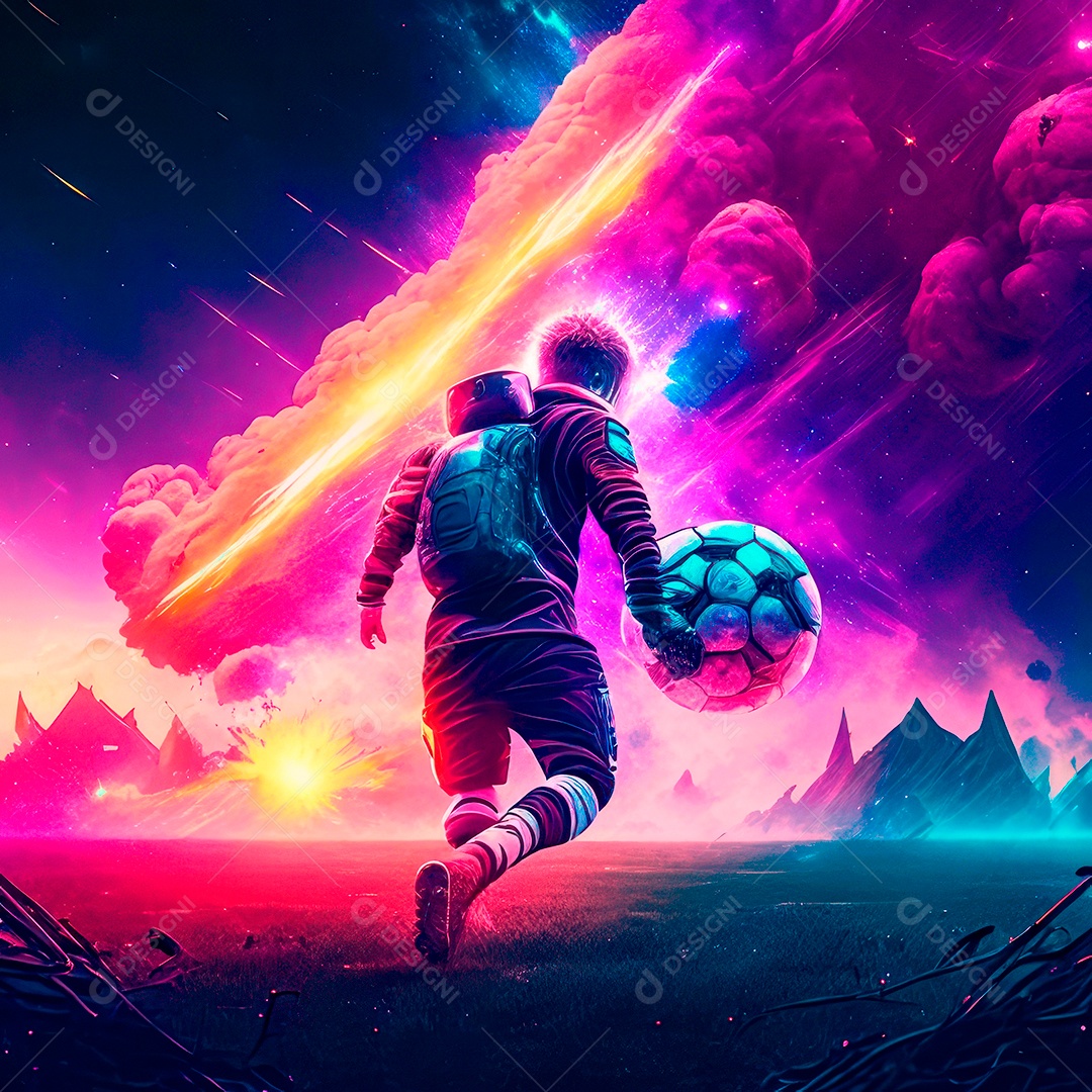 Paisagem cyberpunk de um jogador de futebol atirando.