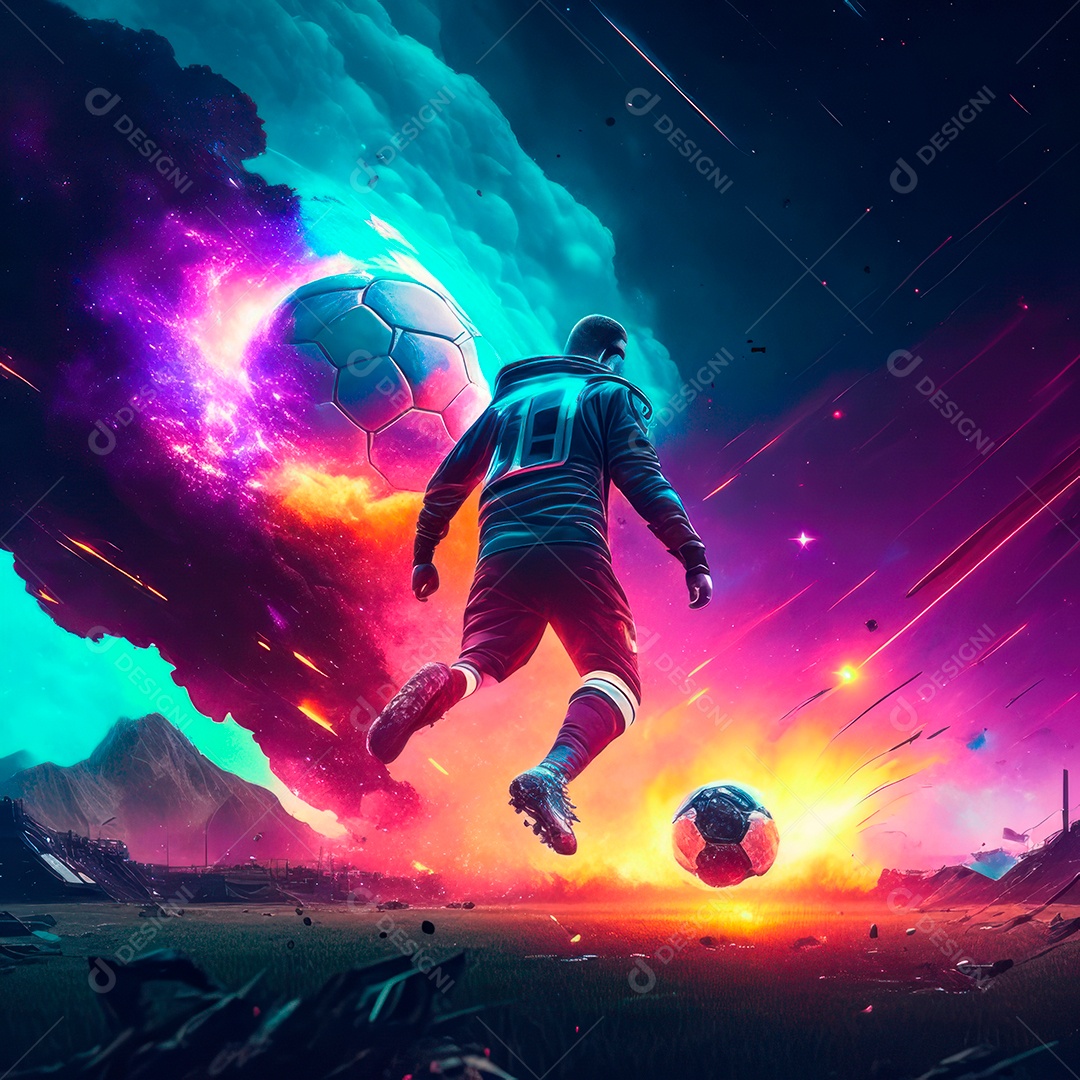 Paisagem cyberpunk de um jogador de futebol atirando.