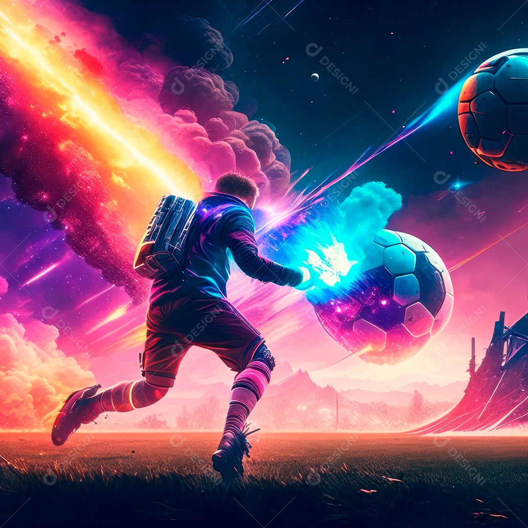 Paisagem cyberpunk de um jogador de futebol atirando.