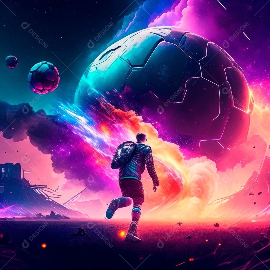 Paisagem cyberpunk de um jogador de futebol atirando.