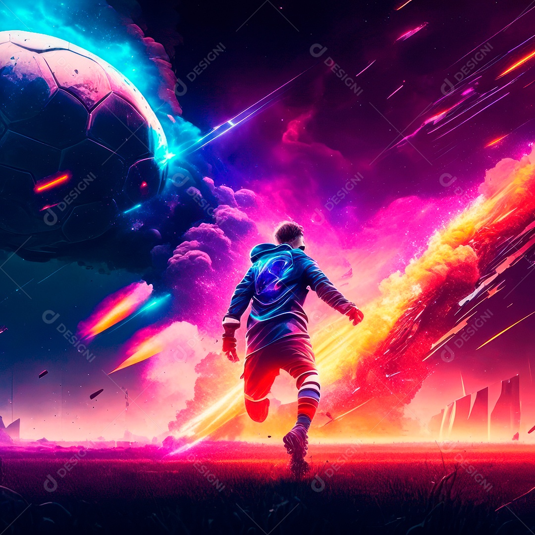 Paisagem cyberpunk de um jogador de futebol atirando.
