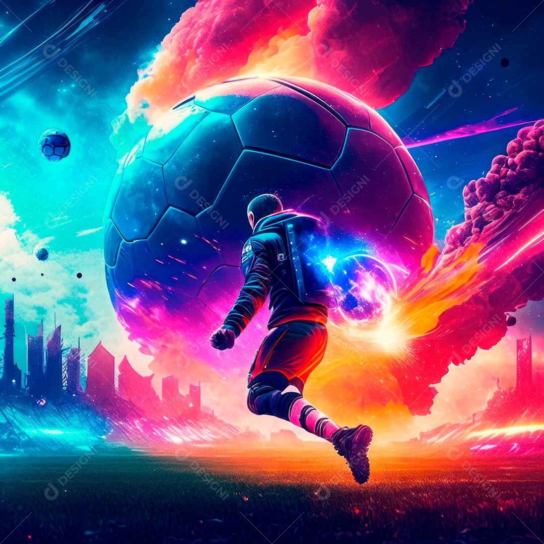 Paisagem cyberpunk de um jogador de futebol atirando.