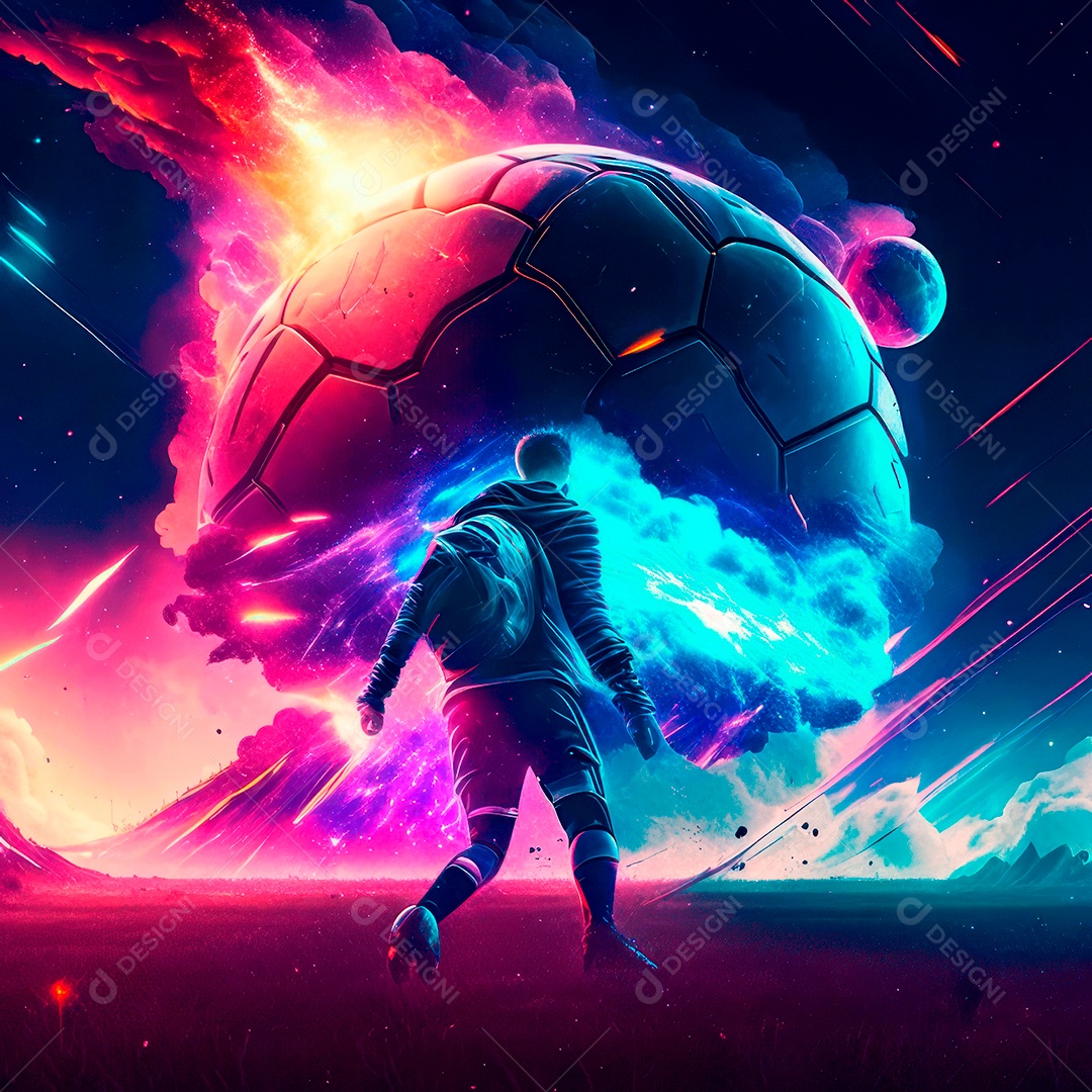 Paisagem cyberpunk de um jogador de futebol atirando.