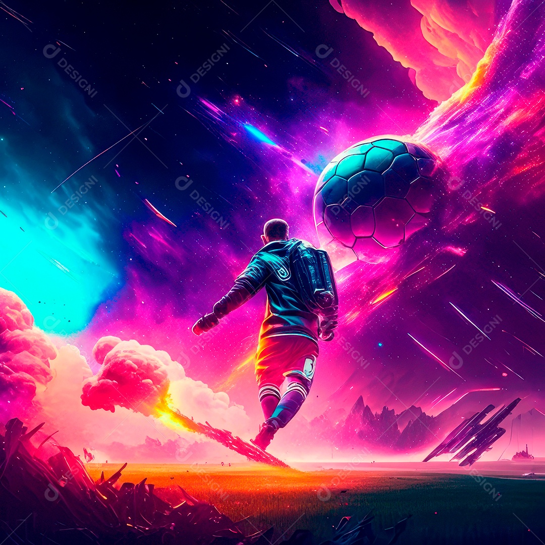 Paisagem cyberpunk de um jogador de futebol atirando.