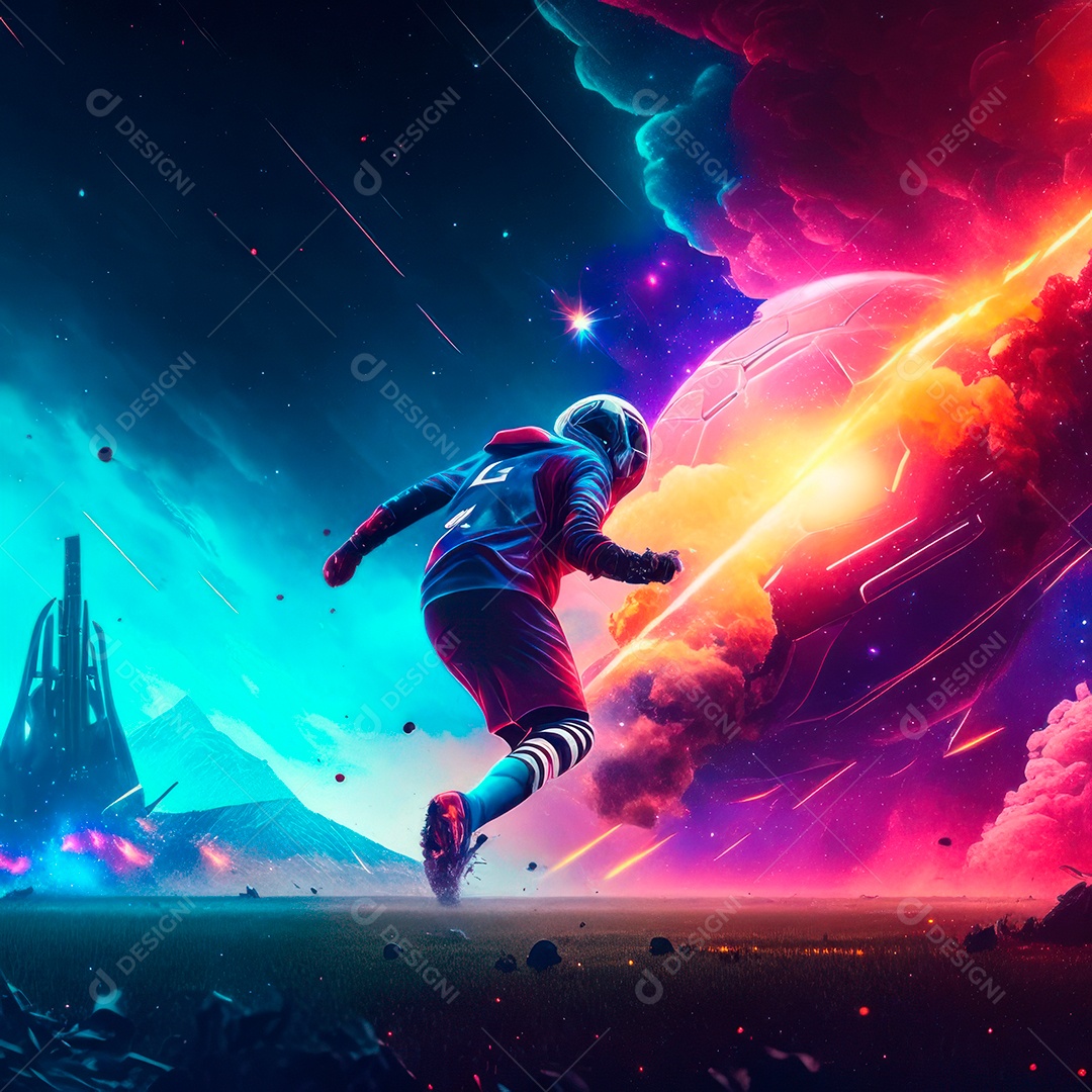 Paisagem cyberpunk de um jogador de futebol atirando.