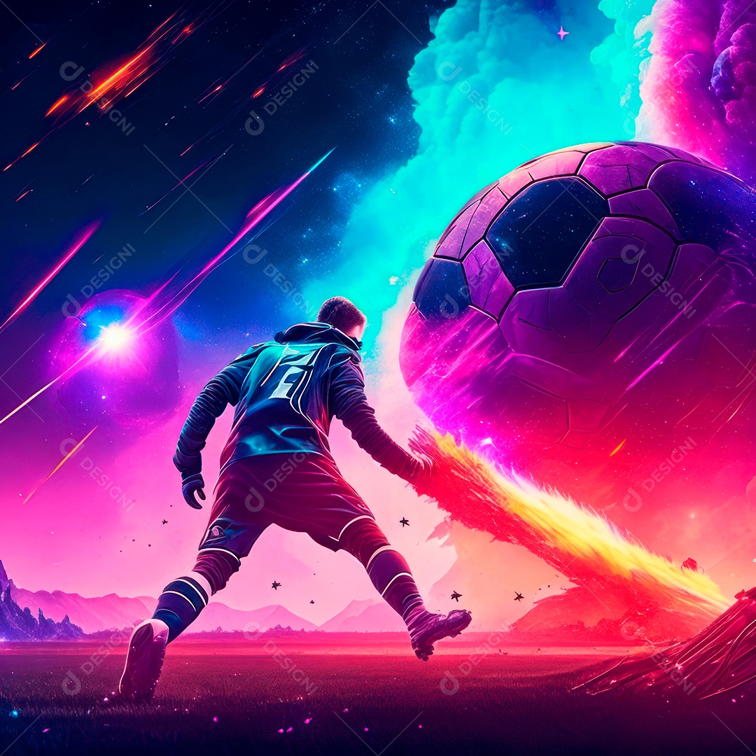 Paisagem cyberpunk de um jogador de futebol atirando.
