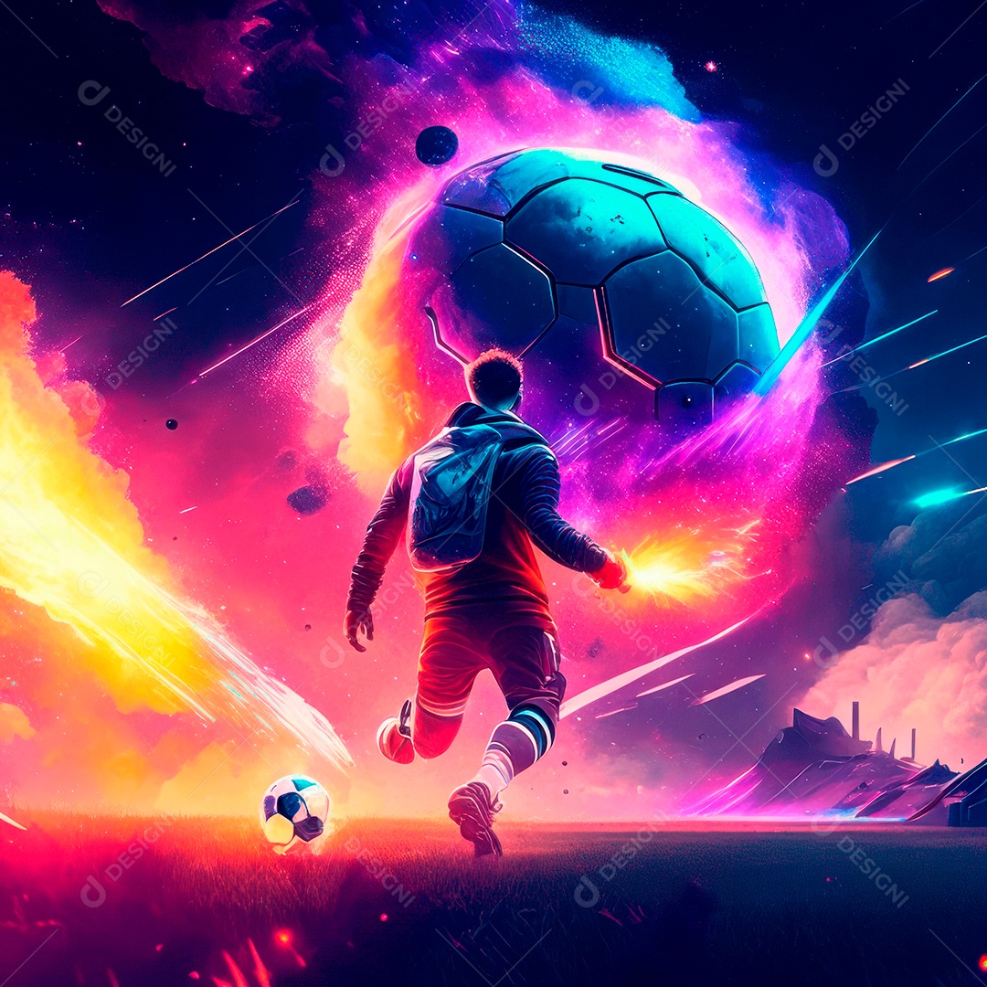 Paisagem cyberpunk de um jogador de futebol atirando.