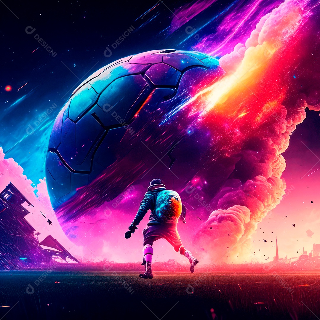 Paisagem cyberpunk de um jogador de futebol atirando.