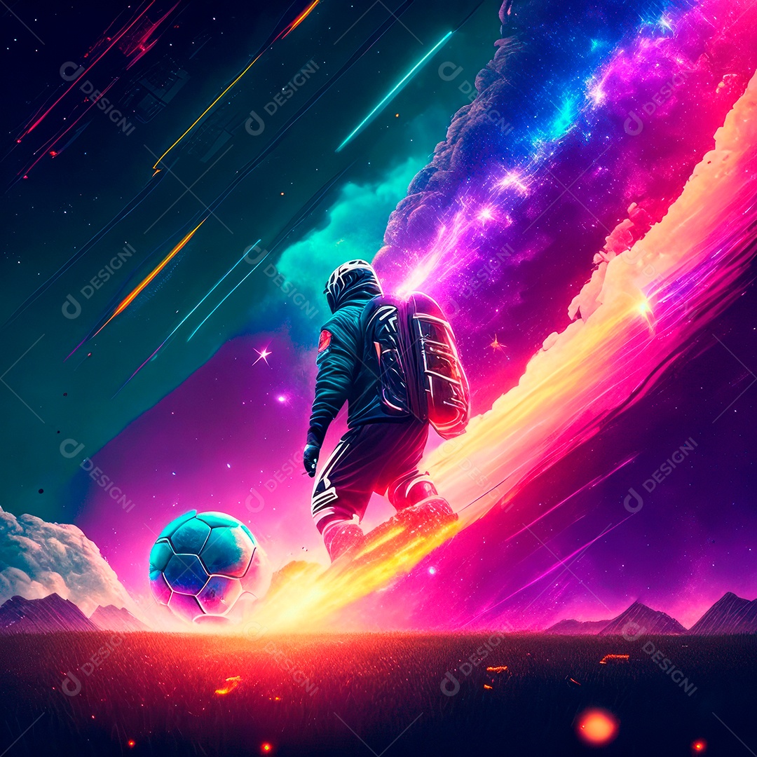 Paisagem cyberpunk de um jogador de futebol atirando.