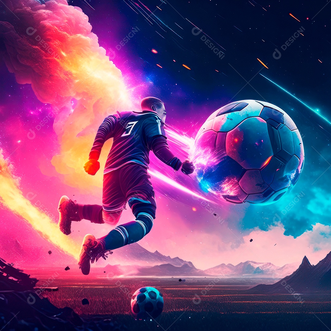 Paisagem cyberpunk de um jogador de futebol atirando.