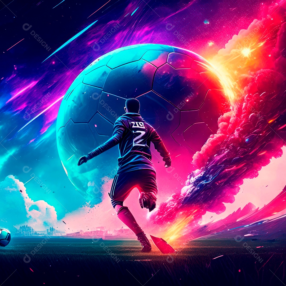 Paisagem cyberpunk de um jogador de futebol atirando.
