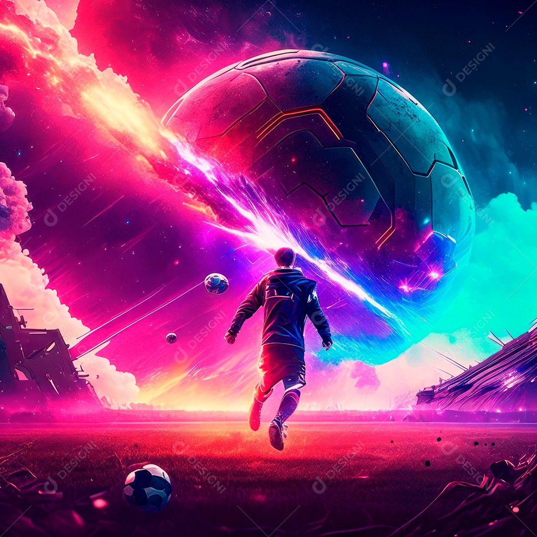 Paisagem cyberpunk de um jogador de futebol atirando.