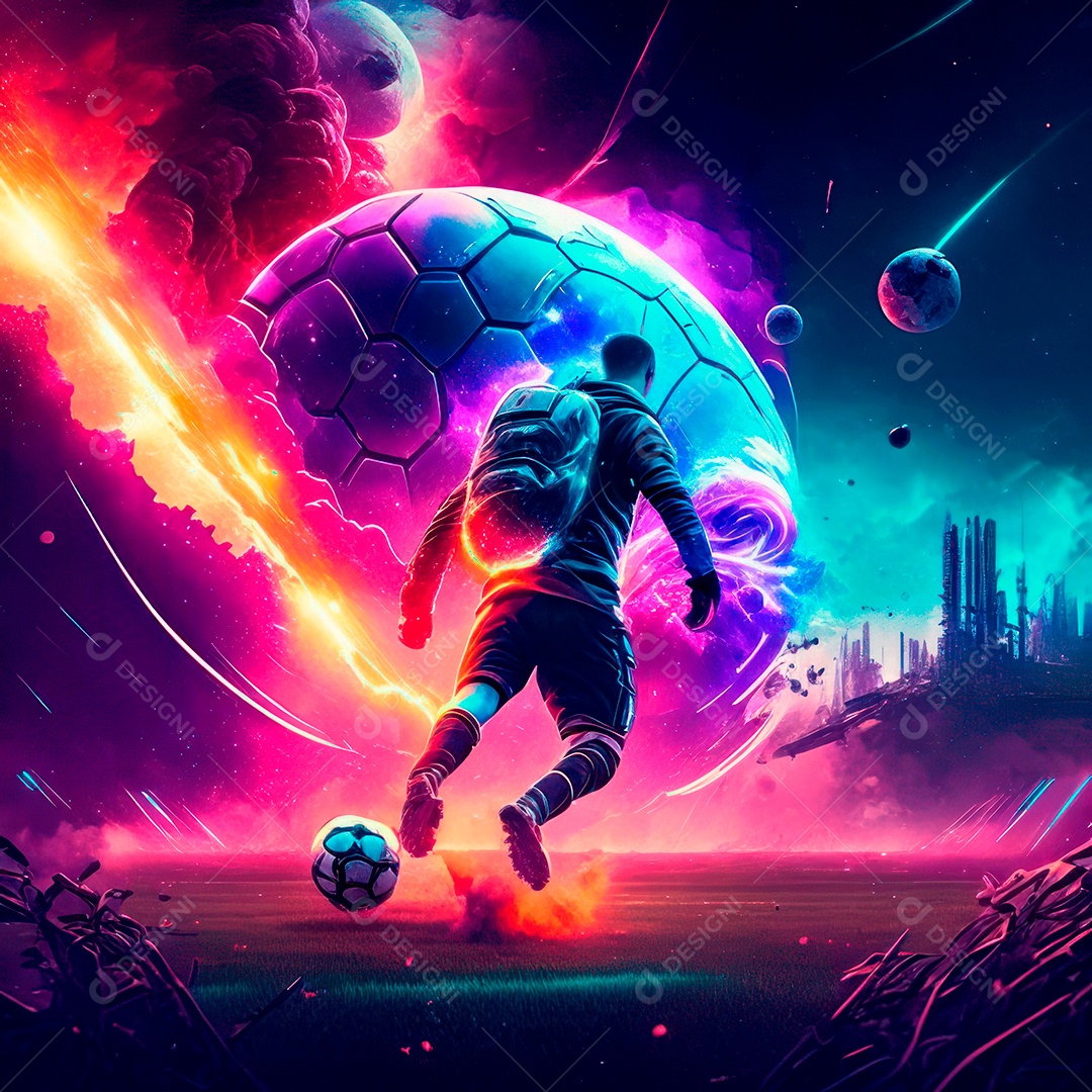 Paisagem cyberpunk de um jogador de futebol atirando.